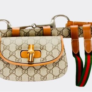 BNWT in Box  GUCCI GG Supreme Monogram Web Brown Leather Bamboo Belt Bag 3-in-1